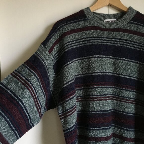 Vintage Striped and Basketweave Canadian University Eclectic Grandpa Sweater - Picture 6 of 16